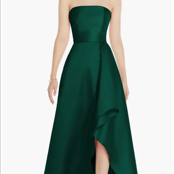 Alfred Sung Strapless Satin Gown With Draped Front Slit And Pockets - D832 - Green - 6